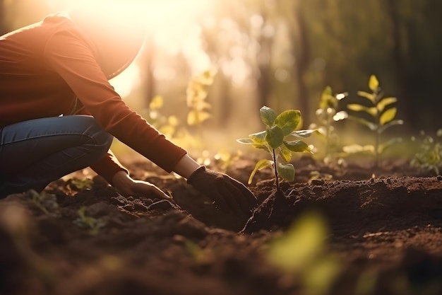 A person planting a plant in a field