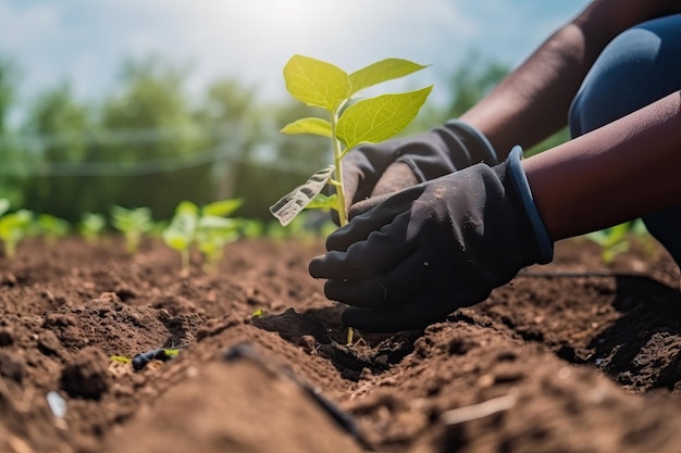 A person planting a plant in a garden