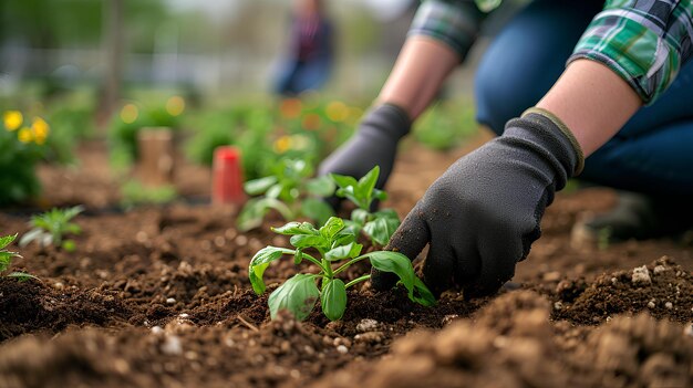 A person planting plants in a garden