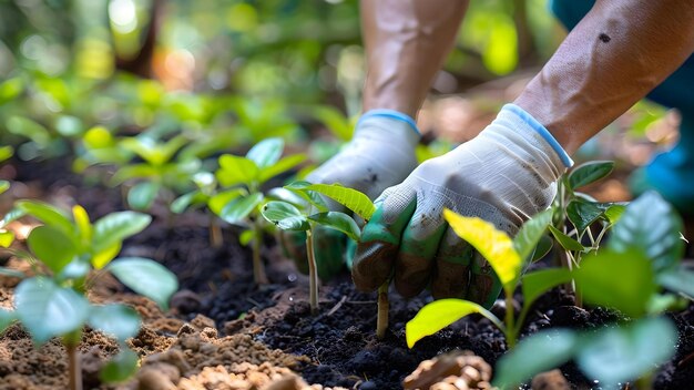 Person planting saplings in orderly rows in lush forest promotes environmental conservation Concept Environmental Conservation Reforestation Forest Preservation Sustainable Practices Gardening