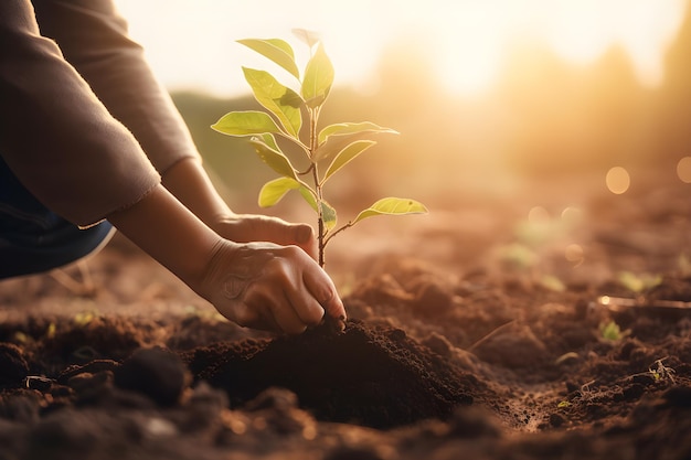 A person planting a tree in a field