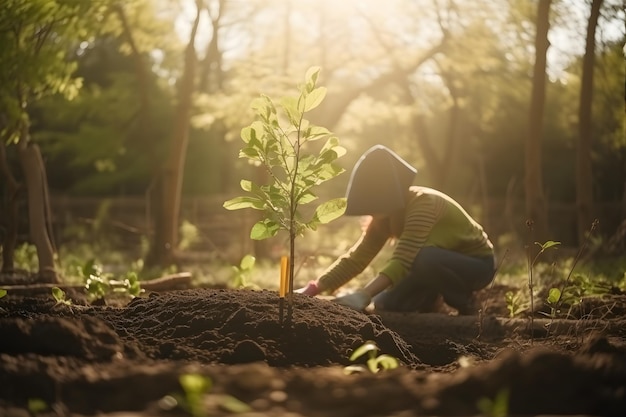 A person planting a tree in a forest