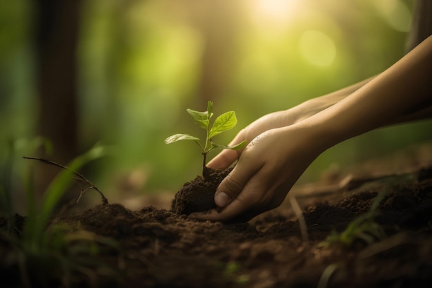 A person planting a tree in the forest