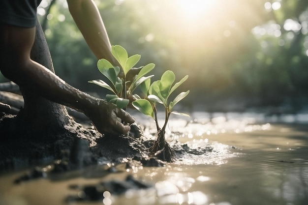 Photo a person planting a tree in a river