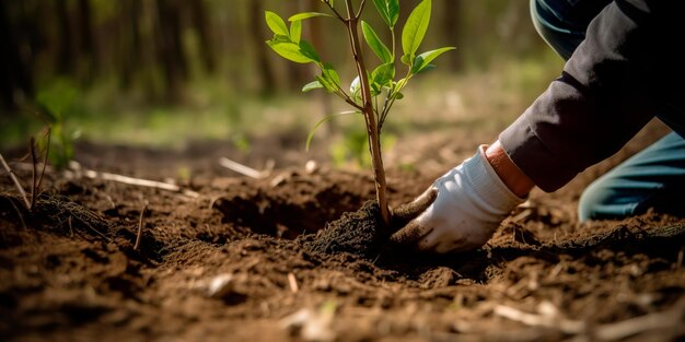 Person planting a tree with a message about Earth Day and the importance of reforestation Generative AI