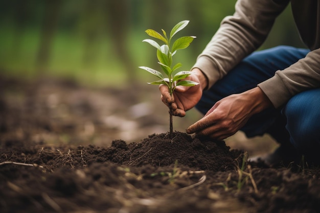 地球の日と再植林の重要性に関するメッセージを掲げて木を植える人