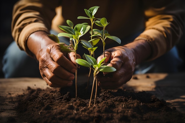 Person planting trees or working in community garden promoting local food production and habitat