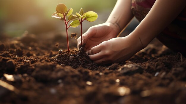 a person plants a sapling working together in a farm concept to save the world Generative AI