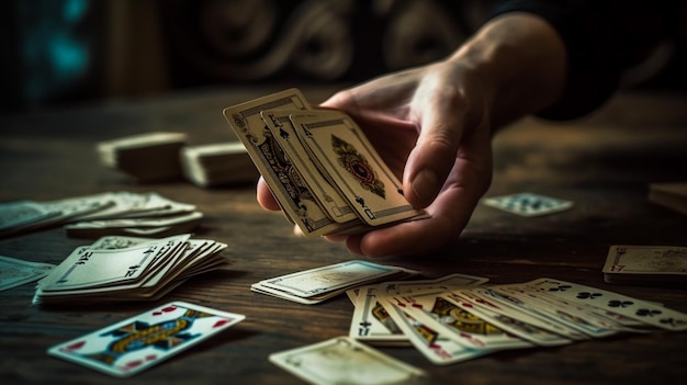 A person playing cards on a table