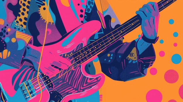 Photo person playing electric bass guitar abstract colorful music illustration