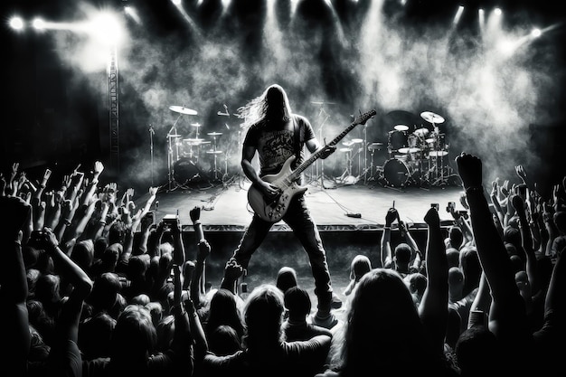 Foto persona che suona la chitarra elettrica e si esibisce di fronte a un pubblico completo creato con l'ia generativa