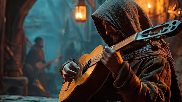 Person Playing Guitar in Hooded Outfit