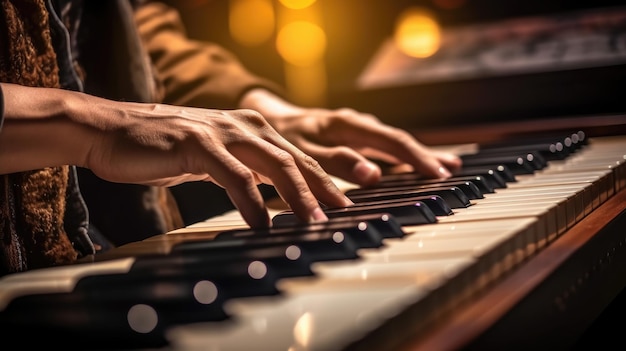 A person playing a piano with a yellow background