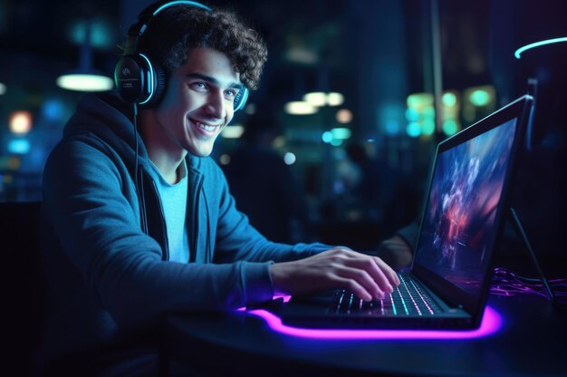 person playing with a laptop gamer concept