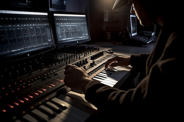 A person plays a keyboard in a dark room.