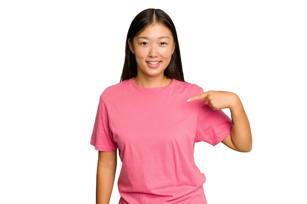 Person pointing by hand to a shirt copy space proud and confident