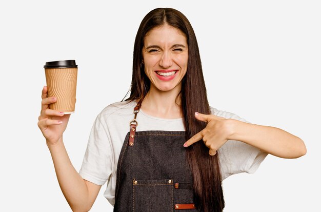 Person pointing by hand to a shirt copy space proud and confident