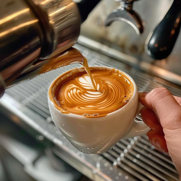 コーヒーのカップにスプーンを注ぐ人