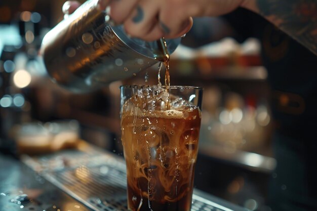 Person pouring drink into glass iced coffee