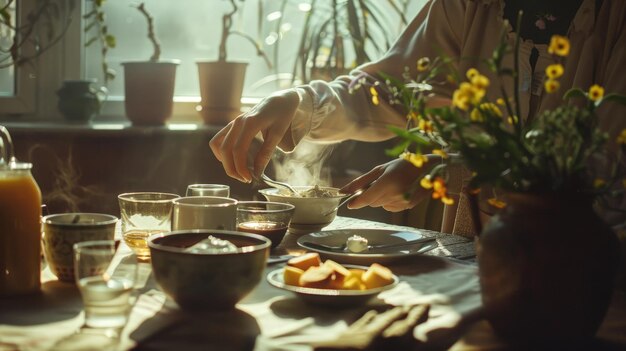 Photo a person pouring food into a bowl