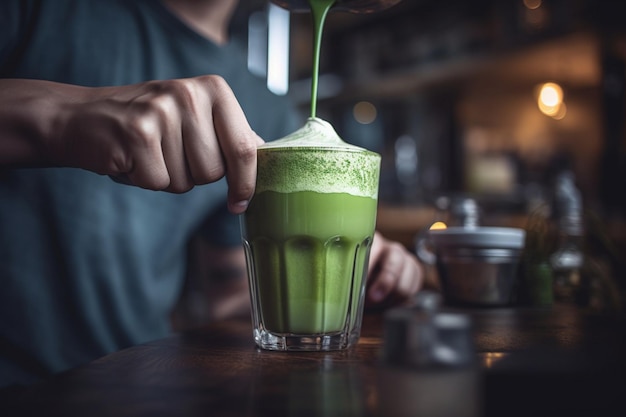 A person pouring a green drink into a glass