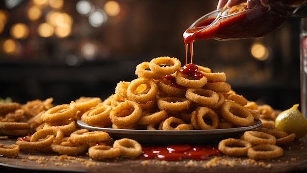 A person pouring ketchup onto a plate of food