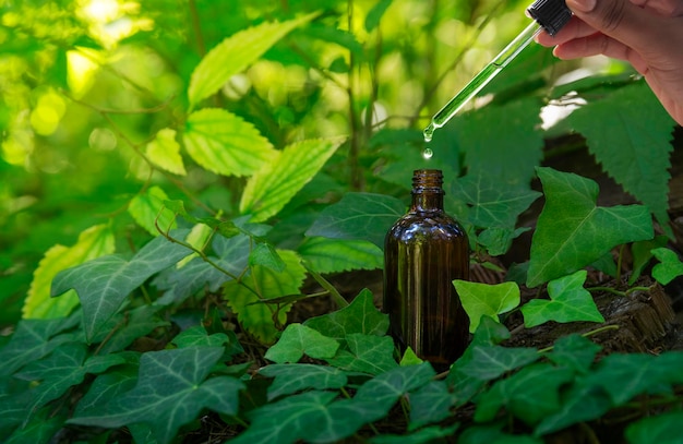 A person pouring liquid into a bottle in the forest.