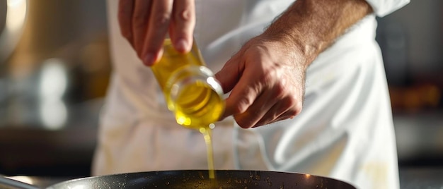 Photo a person pouring olive oil into a frying pan