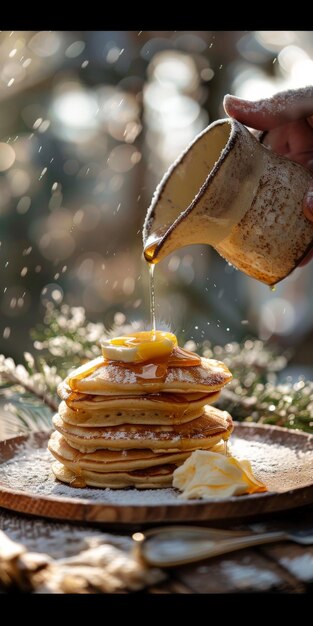 Photo person pouring syrup on stack of pancakes