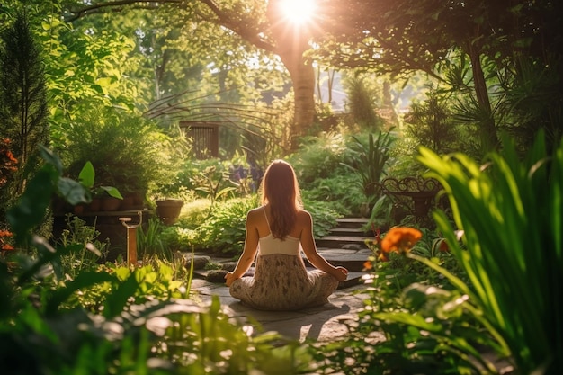 A person practicing mindfulness in a lush garden mental health