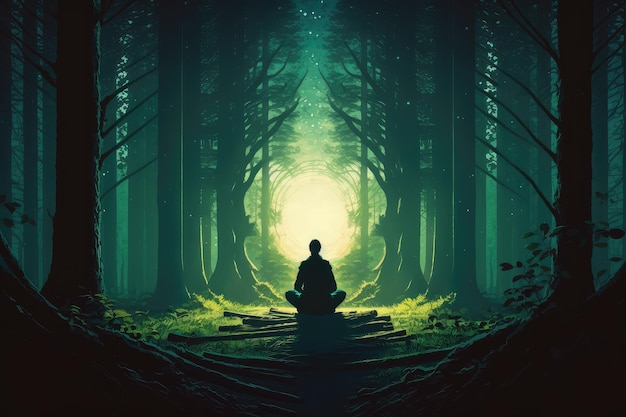 Person practicing transcendental meditation in serene forest setting