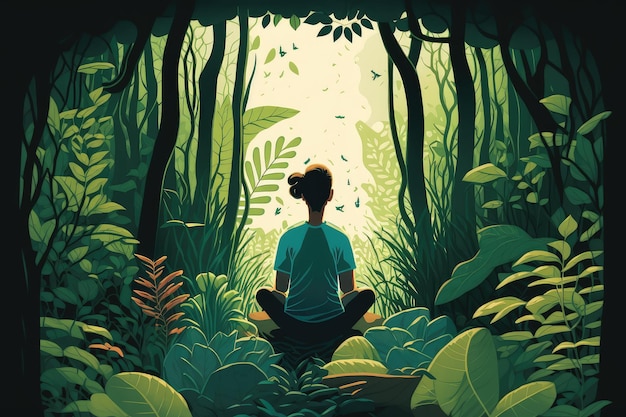 Person practicing transcendental meditation surrounded by lush greenery