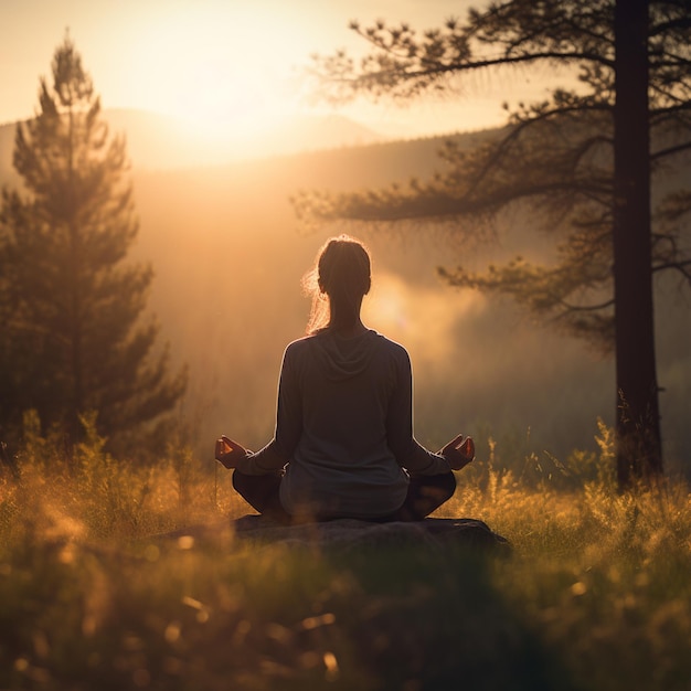 Person practicing yoga meditation in nature at sunset or sunrise