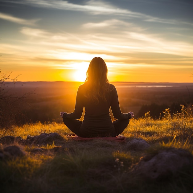 Person practicing yoga meditation in nature at sunset or sunrise