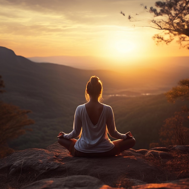 Person practicing yoga meditation in nature at sunset or sunrise