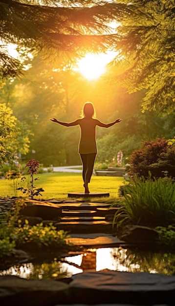 Foto persona che pratica lo yoga su una piattaforma nel giardino con una bella luce solare.