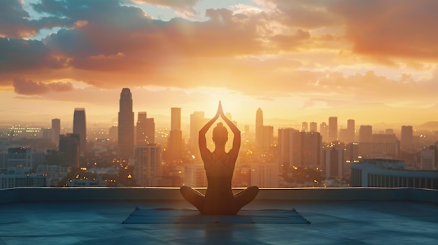 A person practicing yoga on a rooftop of the building with the city or cityscape in the background