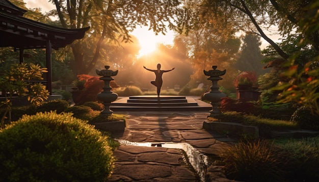 Person practicing yoga on top of staircase in the garden with beautiful sunlight