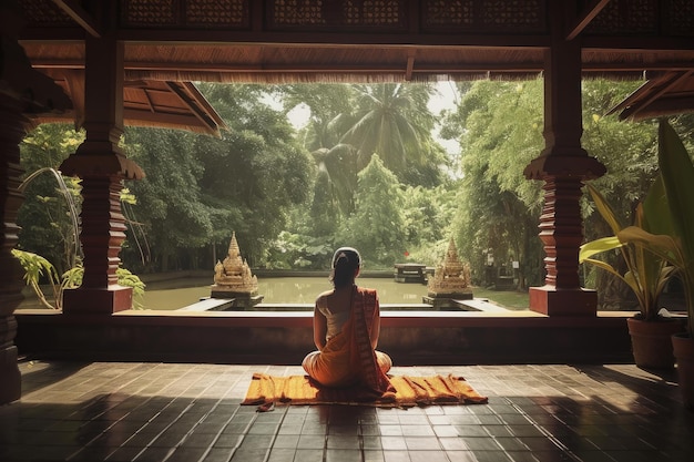 Person praying in traditional hindu temple with view of peaceful garden created with generative ai