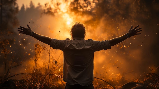 Photo a person praying with god in a peaceful place at sunset