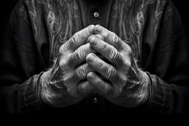 Photo person prays prayer meditates and turns to god with his hands folded on his chest concept of religion and faith