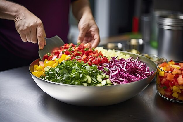 Photo a person preparing a bowl of vegetables on a table