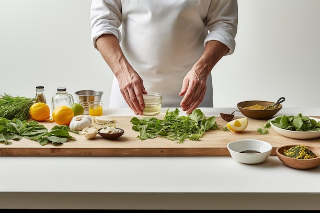 Photo person preparing food in kitchen chefs hands preparing food on wooden table