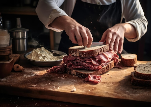 A person preparing a homemade pastrami sandwich in a kitchen