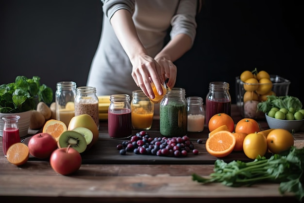 Person preparing morning smoothie with various supplements and fruits created with generative ai