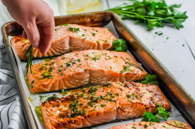 Photo person pulling out a tray of baked salmon fillets herbs on top