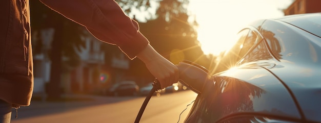 Person Pumping Gas Into Car at Sunset