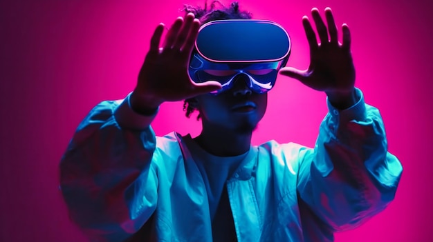 A person on a purple stage with virtual reality glasses on