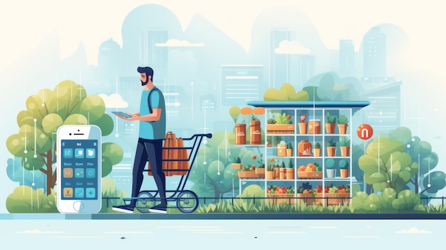 A person pushes a shopping cart and chooses products lustration