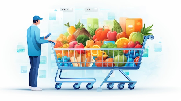 A person pushes a shopping cart and chooses products lustration